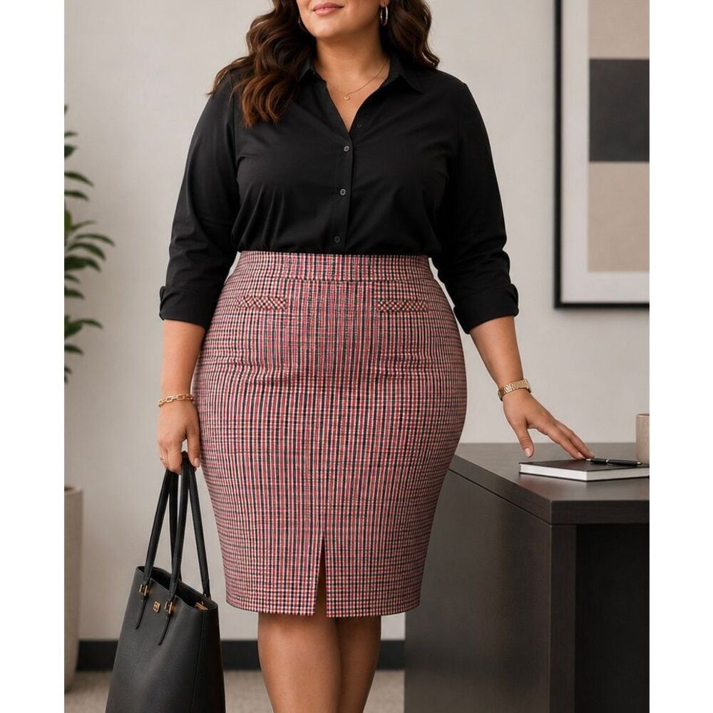 Talbots Red Black Gingham Check Twill Pencil Skirt 24W Lined